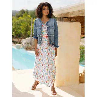 Druckkleid HEINE "Druck-Kleid", Damen, Gr. 46, Normalgrößen, bunt (weiß, koralle, bedruckt), 100% Viskose, bedruckt, gemustert, mehrfarbig, lang, Rundhals, Kleider Druckkleid