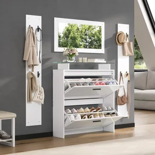 Sweiko 89.5x23x96.5cm Garderoben-Set 4-teilig mit Spiegel,2 Hutablage und Hochglanz Schuhschrank.Flur Garderobenständer Kleiderständer Set,Flurgarderoben Set,Kompaktgarderobe mit 8 Kleiderhaken,Weiß - Weiß