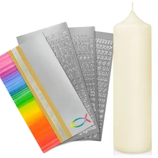WIKAKERZEN Taufkerze selber Machen Set mit Kerzen-Rohling Buchstaben und Wachsplatten mit Wachsmotiven | Jetzt Größe und Farben Wählen (Kerze 25x7 cm | Creme, Regenbogen Gold | Silber mit Fisch)