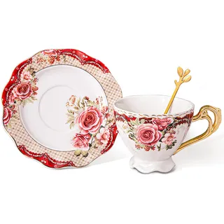 fanquare Rote Florale Kaffeetasse mit Untertasse, Porzellan Tee Tasse mit Goldrand, Kaffee Tasse Set für die Hochzeit