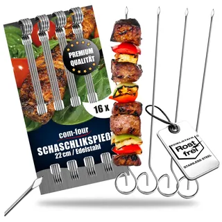 com-four® 16x Schaschlikspieße 22 cm aus Edelstahl - Lange Fleischspieße - Premium Grillspieße, Gemüsespieße im Set für BBQ, Grill, Fleisch, Schaschlik und Gemüse (22cm - 16 Stück)