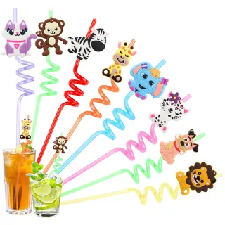 8 Stück Tiermotiv Trinkhalme Wiederverwendbar, Bunte Motiv Strohhalme für Kaltgetränke, Spiralförmige Getränkehalme für Saft, Smoothie, Cocktail, Limonade, Geburtstag, Party & Picknick (Tiere-8pcs)