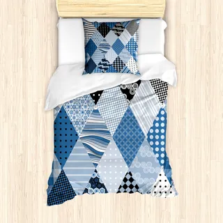 ABAKUHAUS Geometrisch Mantele, Diamantförmig Patchworks, Milbensicher Allergiker geeignet mit Kissenbezügen, 135 cm x 200 cm - 80 x 80 cm, Blau Schwarz