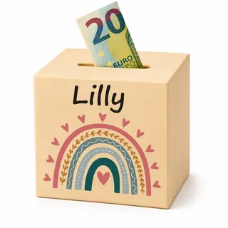 DEschenk Spardose personalisiert aus Holz – Spardose Kinder personalisiert, Sparschwein Baby als Geschenkidee, perfekte Kinderzimmer Dekoration für Jungen und Mädchen (Regenbogen)