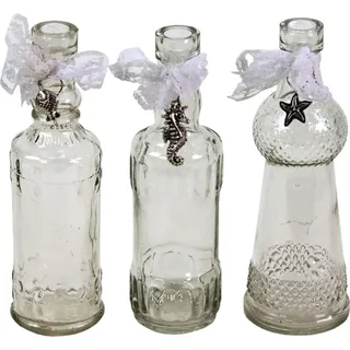 3er Set Glas Flaschen H=17 cm maritim silber Anhänger Vasen Spitzenband Deko - Silber