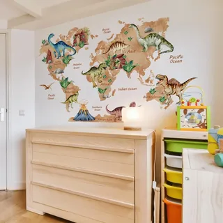 HGDESIGN® Wandaufkleber Wandtattoo Wandsticker Weltkarte Worldmap Tiere Dinosaurier Kinderzimmer Babyzimmer Kind Baby Junge Mädchen Wanddeko selbstklebend (C)