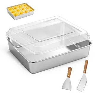 LOMUG Kuchenform, Edelstahl Backform mit Luftdichtem Deckel, 31x24x5cm, Rechteckiges Backblech zum Backen Braten Aufbewahren, Ideal für Kuchen/Brownie/Lasagne - Schwerlast & Spülmaschinenfest