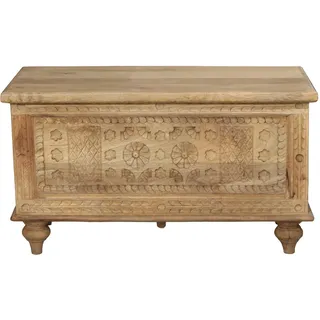 DRW Holztruhe mit geschnitzter Vorderseite und Metallgriffen in Natur, 88 x 43 x 50 cm, INT. 81,5 x 35 x 34,5 cm