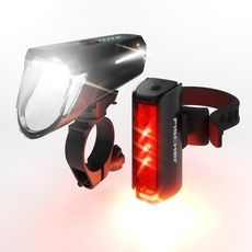 Fischer Fahrrad LED-Akku Beleuchtungs-Set Twin Stop 110 Lux, mit Sensormodus, Leuchtweiteneinstellung, bis zu 8 Stunden Leuchtdauer, schwarz, 1 Stück