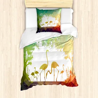 ABAKUHAUS Flamingo Bettbezug Set für Einzelbetten, Modern Mehrkantig Tiere, Milbensicher Allergiker geeignet mit Kissenbezug, Mehrfarbig