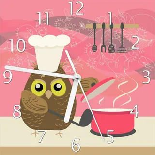 Wallario Design Wanduhr Lustige Eule beim Kochen mit Kochmütze aus Echtglas, Größe 20 x 20 cm - Rot