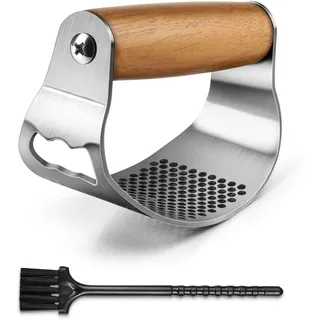 glasflength Knoblauchpresse Wippe Edelstahl, Knoblauchwippe knoblauchschneider Knoblauch Presse Griff aus Holz Knoblauchpressen Knoblauch Wippe Garlic Crusher Leicht zu Reinigen mit kleinem Pinsel