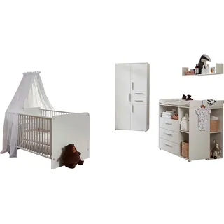 BMG Möbel Babyzimmer-Komplettset »Lea«, (Set, 6 tlg., Bett, Wickelkommode, Unterbauregale, Schrank, Wandboard), Bett + Wickelkommode + 2x Unterbauregal + 3-trg. Schrank + Wandboard, weiß