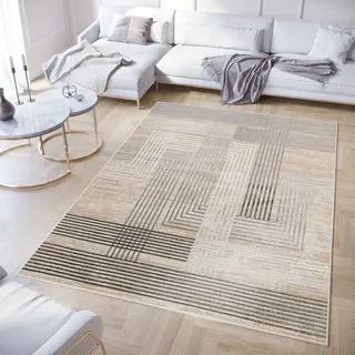 TAPISO Crystal Teppich Kurzflor Glänzend Grau Beige Linien 180 x 250 cm | Geometrisch 3D Effekt Wohnzimmer Schlafzimmer Modern Design OEKO-TEX