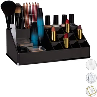 Relaxdays Kosmetik-Organizer Acryl, Kleiner Make Up Organizer mit 16 Fächern für Schminke & Lippenstift-Halter, schwarz,