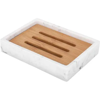 Luxspire Seifenschale mit Bambushalter, Glänzend und Elegant Rechteckig Seifenhalter aus Harz und Marmor, Schnell Trockend Seifenbox Seifenablage Gehäuse für Küche, Bad, Dusche - Kies Weiß