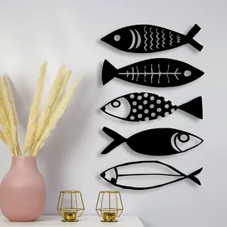 DUOOLN Metall Wanddekoration 5 Stück Fisch deko, Modern Marine Eisen-Wandkunst, Hängende Skulptur Fischschwarm, Dekoratives Kunstwerk für Zuhause, Küche, Badezimmer, Poolbereich, Veranda – 35 x 10 cm