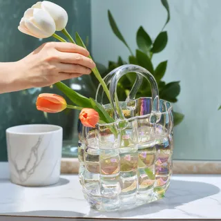 Lighterday Vase Glas Bunt,Glas Handtasche Vase,Blumenvase Modern Durchsichtig,Handtasche Glasvase,Kleine Vasen Glasvasen für Tischdeko,Tulpenvase GlasBunt