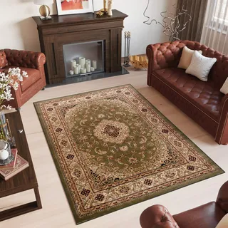 TAPISO Yesemek Klassisch Teppich Kurzflor Wohnzimmer Orientalisch Ziegler Floral Medaillon Muster Bordüre Grün Beige Barock Design ÖKOTEX 180 x 260 cm