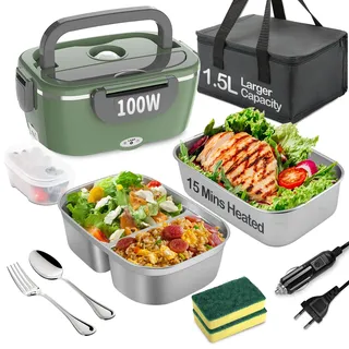 BYbrutek Elektrische Lunchbox 100W, 3-In-1 tragbare beheizte Lunchbox, 1,5L Edelstahl Entnehmbare brotdose, 12V/24V/220V Insulated Wärmebox Auto/Lkw/Bür (Grün&Grau, 1.5 L)