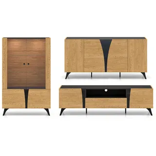 Feldmann-Wohnen Wohnzimmer-Set, Braun, Schwarz, Holz, 1 Schubladen, Rechteckig, 445x152x40 cm, Wohnzimmer, Wohnwände,