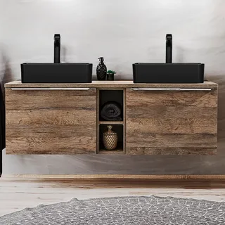 Doppelwaschtisch-Unterschrank 140cm mit 2 Keramikbecken PUEBLA-56 in Vintage Oak, B/H/T ca.: 140,4/61,5/46 cm - Schwarz