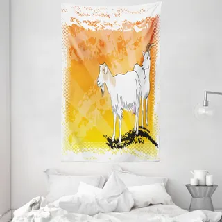 ABAKUHAUS Ziege Wandteppich und Tagesdecke, Gehörn Säugetier Tier Ranch aus Weiches Mikrofaser Stoff Waschbar ohne Verblassen Digitaldruck, 140 x 230 cm, Orange Gelb Weiß - Orange
