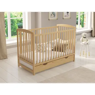 Love For Sleep Babybett Gitterbett mit Schublade 120 x 60 + Schaumstoffmatratze + Sicherheitsgitter aus Holz + Schutzhülle - Braun