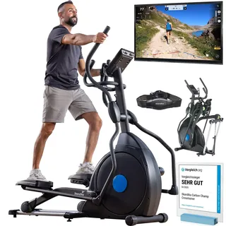 Skandika Crosstrainer für Zuhause Carbon Champ | CardioCross Crosstrainer klappbar platzsparend leise, 32 Stufen, 19 Programme, bis 150 kg, Kinomap App kompatibel, 24,5kg Schwungmasse, Ellipsentrainer