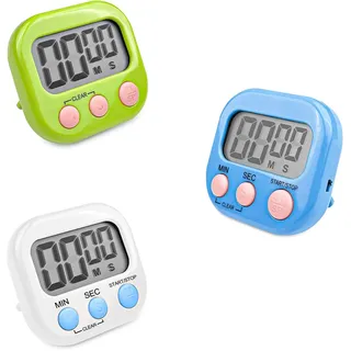 Fousenuk 3 Stück Eieruhr mit 3 Farben, Timer Digital, Küchentimer Küche | Kurzzeitwecker Magnetisch, Stoppuhr mit Einklappbarer Ständer, Timer mit Großem LCD-Display für Kochen Backen Sport Studieren