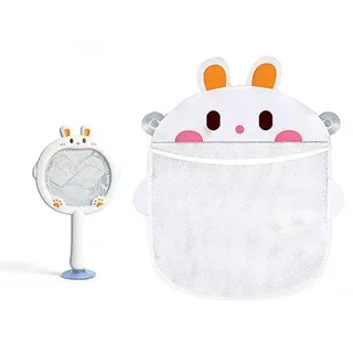 Rieoany Badespielzeug Aufbewahrung Netz mit Kescher, Niedliches Hasen Design Baby Bad Organizer, Saugnapf Hängenetz für Badewannenspielzeug, Weiß Badezimmer Ordnung Set