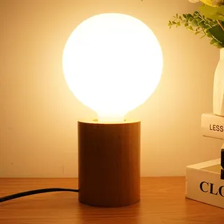 Nachttischlampe Holz E27 LED Tischlampe mit Kabel, 3000K Warmweiß, Industrielle Schlafzimmerlampe Vintage Kleine Lampe, 7W E27 LED Glas Glühbirne, Nicht Dimmbar, Deko Tisch Lampe Holz Modern