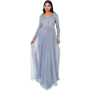 Maya Deluxe Damen Womens Ladies Dress Long Sleeve For Wedding Guest V Neck High Empire Waist Maxi Long Length Evening Kleid, Dusty Blue, 50 EU