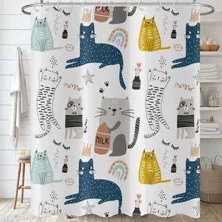 Hnmdmyi Duschvorhang Lustig Katze 180x200, Kinder Niedlich Cartoon Tier Graffiti Bunte Kätzchen Badewanne Vorhang Jungen Mädchen Wasserdicht Polyester Stoff Waschbar Badevorhang mit Haken