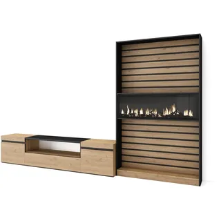 Skraut Home TV-Möbel | Esstisch-Set | 210 x 186 x 35 cm | für Fernseher bis 80 Zoll | elektrischer Kamin | moderner Stil | Eiche und Schwarz
