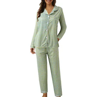 TBloevwlh Damen Schlafanzug Lang Flanell Pyjama Baumwolle Set Knopfleiste Mit Kordelzug Thermo Winter Warmer Sleepwear Frauen Langarm Plaid Loungewear Sets Button Up Top Wide Leg Hose