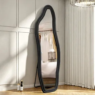 UnboxG Generisch Ganzkörperspiegel 160x50cm Standspiegel,Gewölbter Bodenspiegel Groß,Wandspiegel aus Flanellumwickeltem Holzrahmen,Hängend/Kippend,Halbrunder Wellenspiegel für Schlafzimmer (Schwarz)