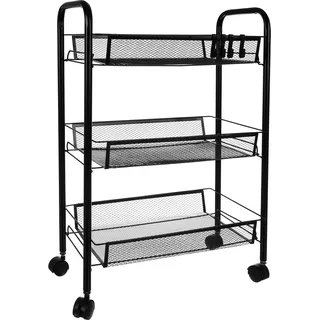 RUHHY Küchenwagen Mobilregal – Servierwagen mit 3 Ebenen, bis 7 kg belastbar, mit 4 Haken & feststellbaren Rollen, Metall/Eisen, für Küche, Büro & Garage (24749) - Schwarz