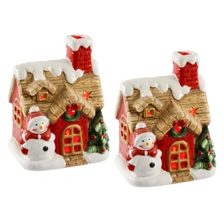 Weihnachtshaus mit Schneemann Tannenbaum und LED-Licht 2er Set 13cm Häuser Deko Lichthaus Weihnachten Weihnachtsdeko Adventsdeko Weihnachtsdorf LED-Licht Leuchtfigur