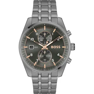 BOSS Chronograph »SKYTRAVELLER«, Quarzuhr, Armbanduhr, Herrenuhr, Edelstahlarmband, analog, Tag, grau