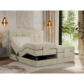 MKS MEBLE Boxspringbett 200 x 200 cm elektrisch verstellbar 7-Zonen Taschenfederkern Matratze mit Topper Bett 200 x 200 cm mit Motor Polsterbett Motorbett - Vittoria - Beige Velvet - H3 - Beige