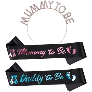 YOLOUP 3 Stück Mummy & Daddy Set Babydusche Mummy to Be Krone Schwarz Schärpe für Baby Shower Gender Reveal Party Deko Geschenk für Schwangerschaft werdende Mutter, Melamin