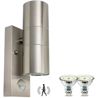 HiBay Außenlampe mit Bewegungsmelder GU10, Lampe mit Bewegungsmelder Aussen IP44 Edelstahl Aussenlampe Wand Up Down Außenwandleuchten inkl. 2x GU10 LED Warmweiß