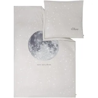 s.Oliver Kinderbettwäsche Mond 135 x 200 cm - 100% Baumwolle, Reißverschluss, anschmiegsam, weich & waschbar, Mako Satinbettwäsche Sterne & Mond beige weiß