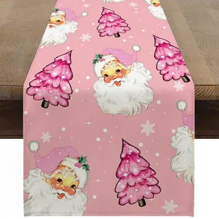 Ohok Weihnachten Tischläufer 33 x 183 cm, Leinen Weihnachten Serie Tischdecke Küche Esstisch Dekoration für Drinnen und Draußen Urlaub Party Wohnzimmer Dekor (Weihnachtsmann Rosa)