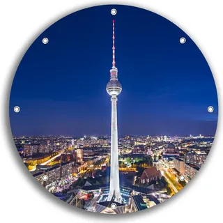 Wallario rundes Outdoor-Poster für Garten oder Balkon, Motiv Fernsehturm Berlin bei Nacht, 30 cm Durchmesser - Blau