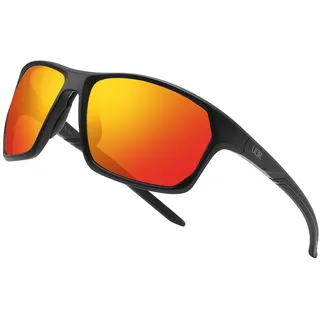 ULTR Sonnenbrille Herren Polarisiert RAYZ - Sport Sonnenbrille für Damen - Bequeme Sportbrille Verspiegelt für Fahrrad, Sport, Laufen, Retro Sunglasses Men (Schwarz (Rotes Glas))