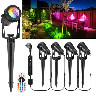 Greenclick Gartenbeleuchtung LED 15m 4er RGB Gartenstrahler mit Strom Erdspieß 12V 3W 1200lm Farbig Gartenleuchte IP65 Wasserdicht Bunt Gartenlampe mit Fernbedienung Timer für Garten Rasen Yard Zaun