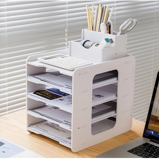 LATERN 5 Stufiger Briefablage Organizer, A4 Papier Ablagefach Aktendokumenthalter Schreibtisch Organizer mit Stifthalter für Home Office Schule Desktop Organisation (Holz-Kunststoff)