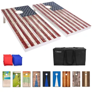 GoSports Cornhole Board Set aus Holz, rustikales amerikanisches Flaggen-Design, inklusive 2 Brettern, 8 Sitzsäcken, Tragetasche und Spielregeln